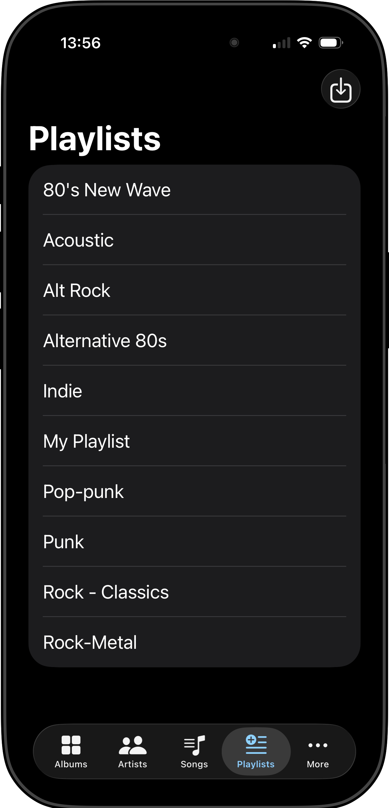Playlist management screen in Off-Grid Music Player